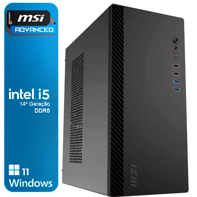 Computador MSI Advanced preto com Intel i5 14ª geração Windows 11