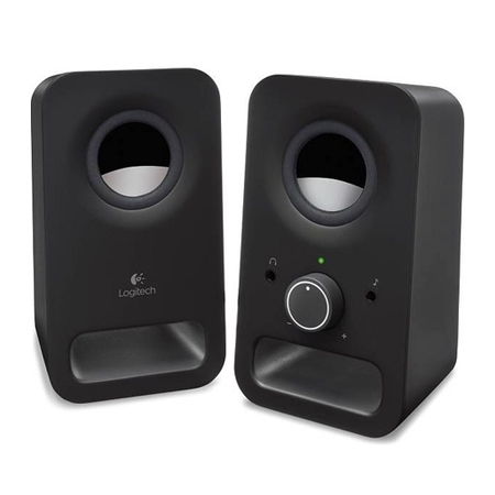 Colunas de som Logitech pretas com controlo de volume e indicador LED