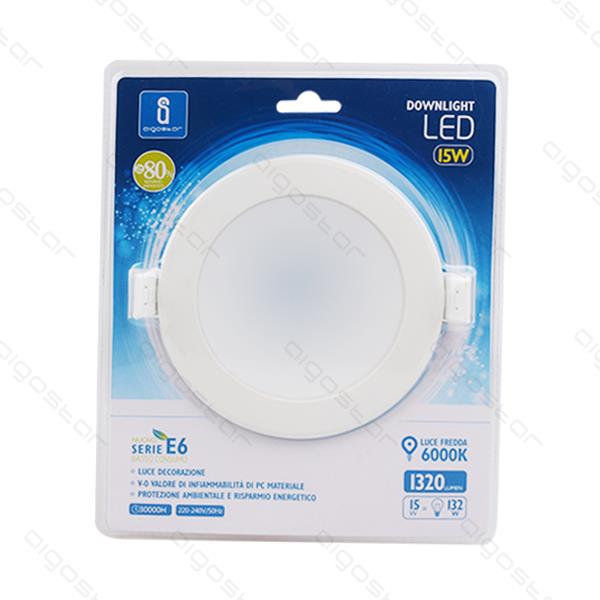 Luminária LED de embutir redonda branca em embalagem azul