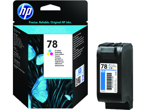 Cartucho de tinta HP 78 tricolor na embalagem preta com borboletas azuis