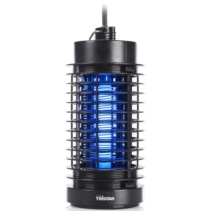 Lâmpada eletrónica mata-insetos com luz azul e estrutura preto em rede metálica