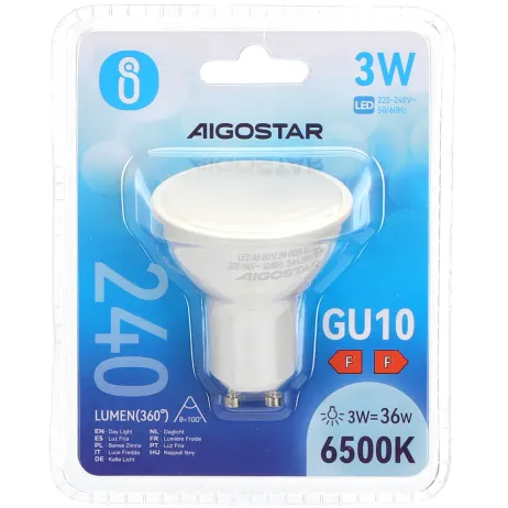 Lâmpada LED Aigostar GU10 3W 6500K na embalagem azul e branca