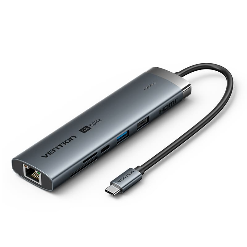 Hub USB-C cinzento com múltiplas portas e cabo integrado