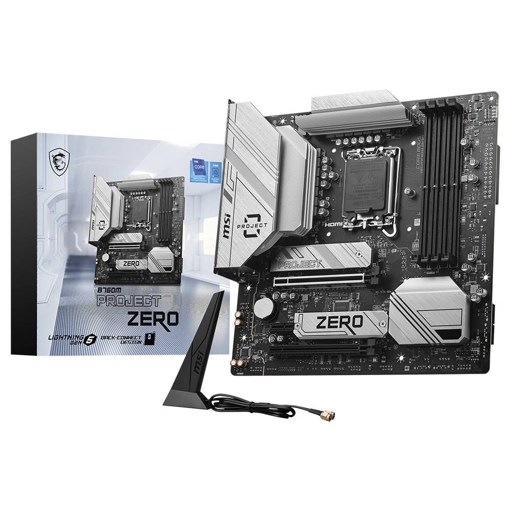 Placa-mãe MSI B760M Project Zero com dissipadores cinza e texto visível em ambiente branco