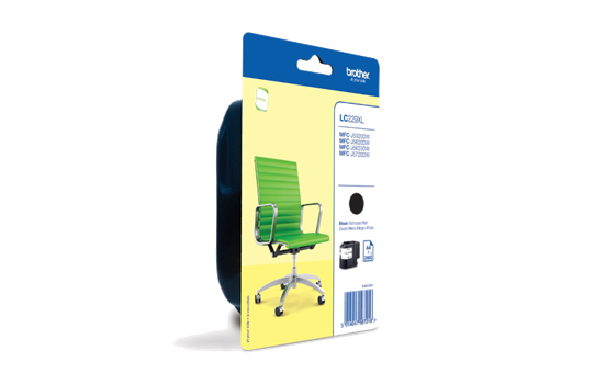 Embalagem com fita preta e imagem de cadeira de escritório verde