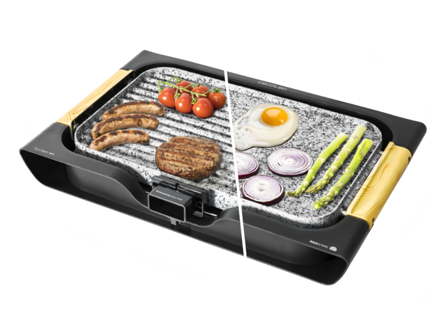 Chapa elétrica para grelhar com superfície dividida, alimentos em preparação