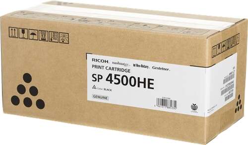 Caixa castanha de cartão com etiqueta branca para cartucho de impressão Ricoh SP 4500HE