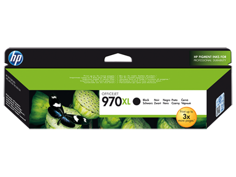 Embalagem de tinta HP OfficeJet 970XL preto com folhas verdes e borboleta preto e azul.