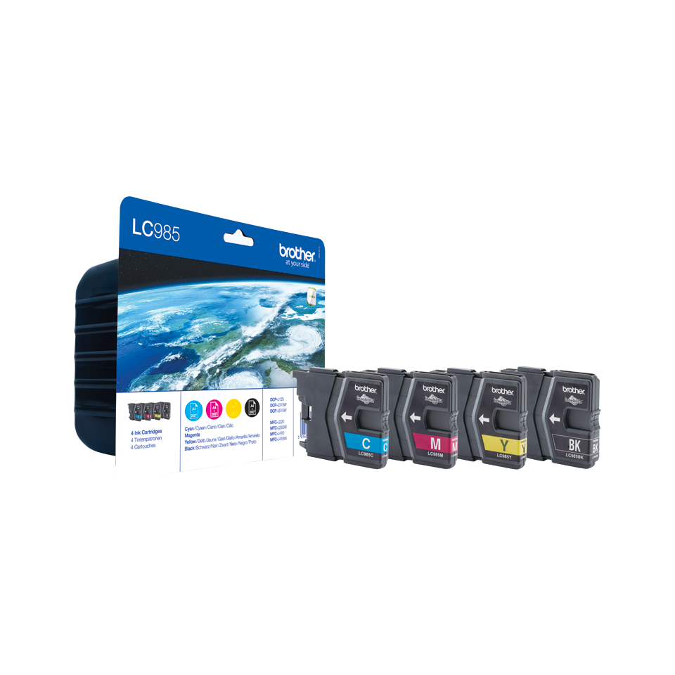 Quatro tinteiros Brother LC985 cores ciano, magenta, amarelo e preto com embalagem azul