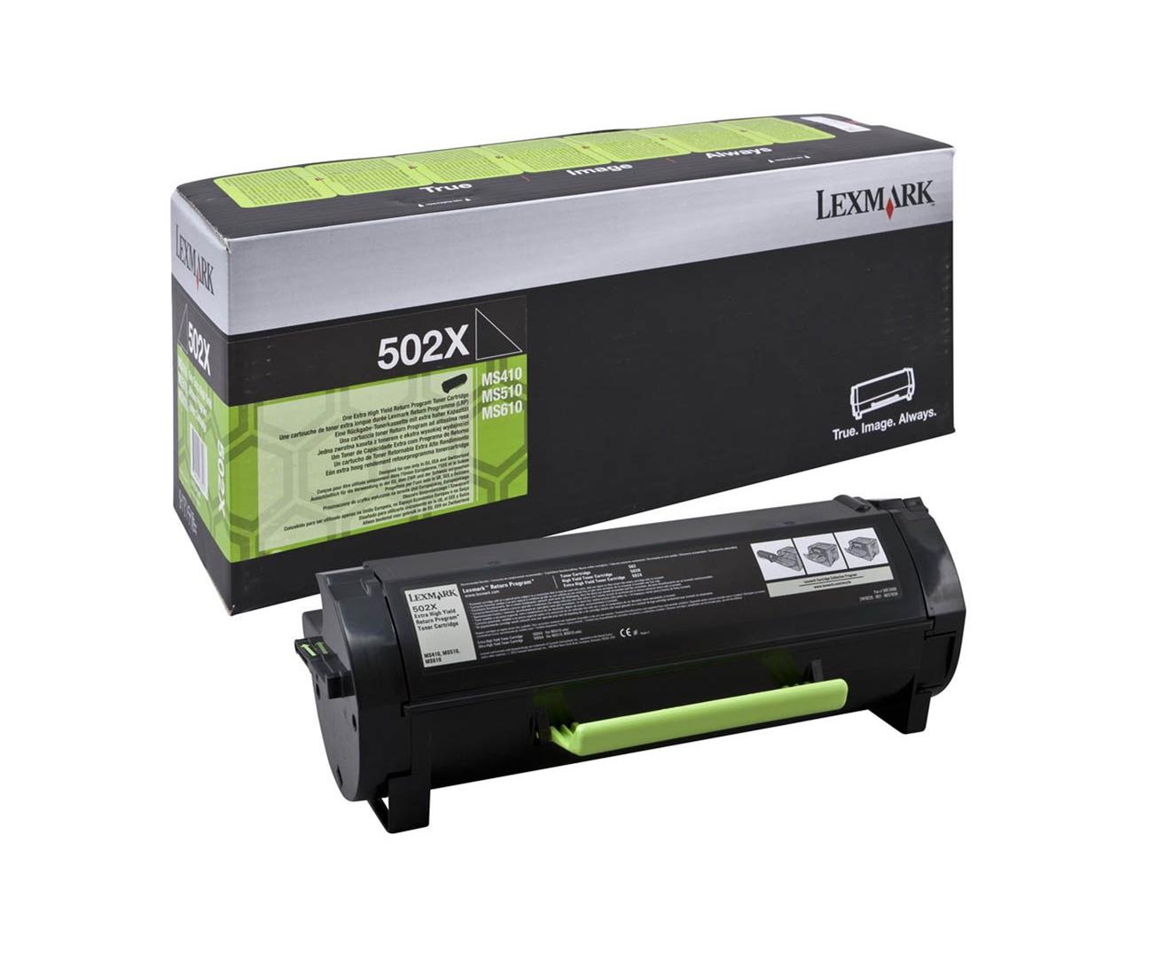 Toner preto Lexmark 502X com embalagem preta e verde