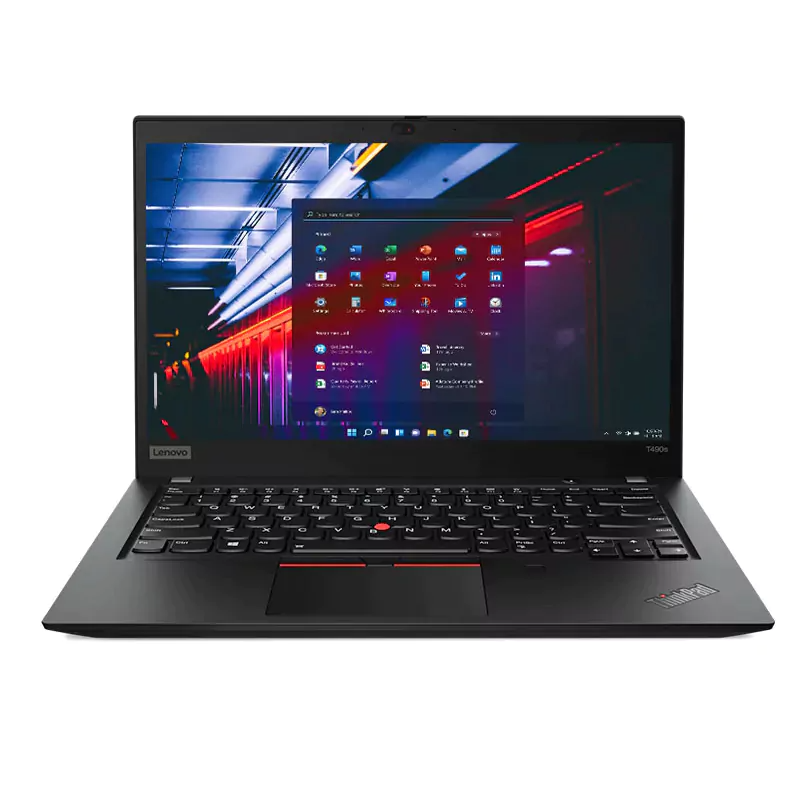 Computador portátil Lenovo ThinkPad T490S preto com teclado e ecrã ligado
