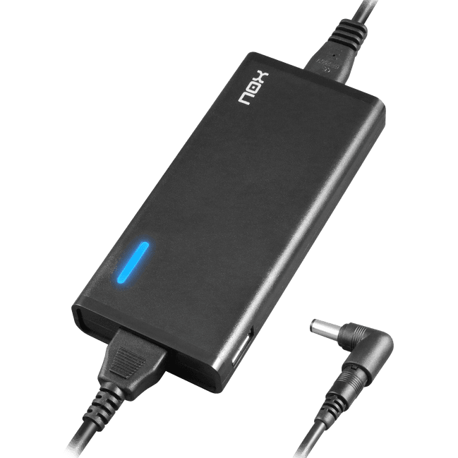 Carregador portátil preto com luz azul e cabo angular