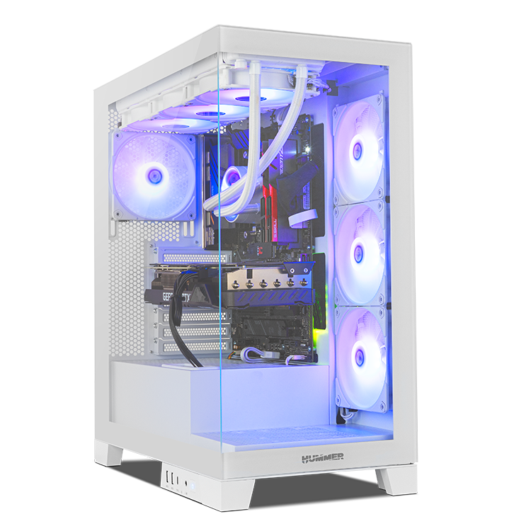 Computador de secretária branco com caixa de vidro e ventoinhas azuis