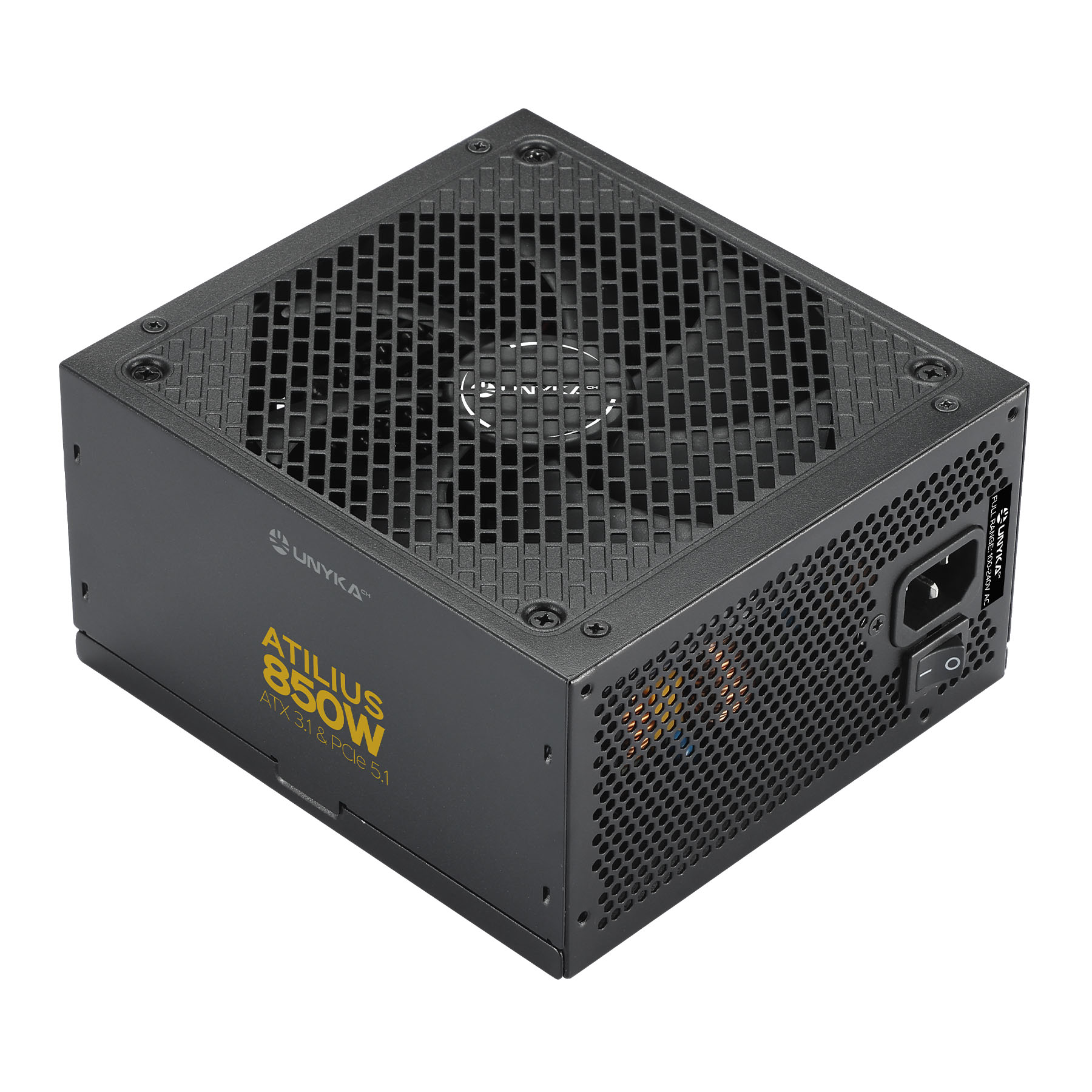 Fonte de alimentação Unyka ATILIUS 850W preta com ventilador e grelha metálica.