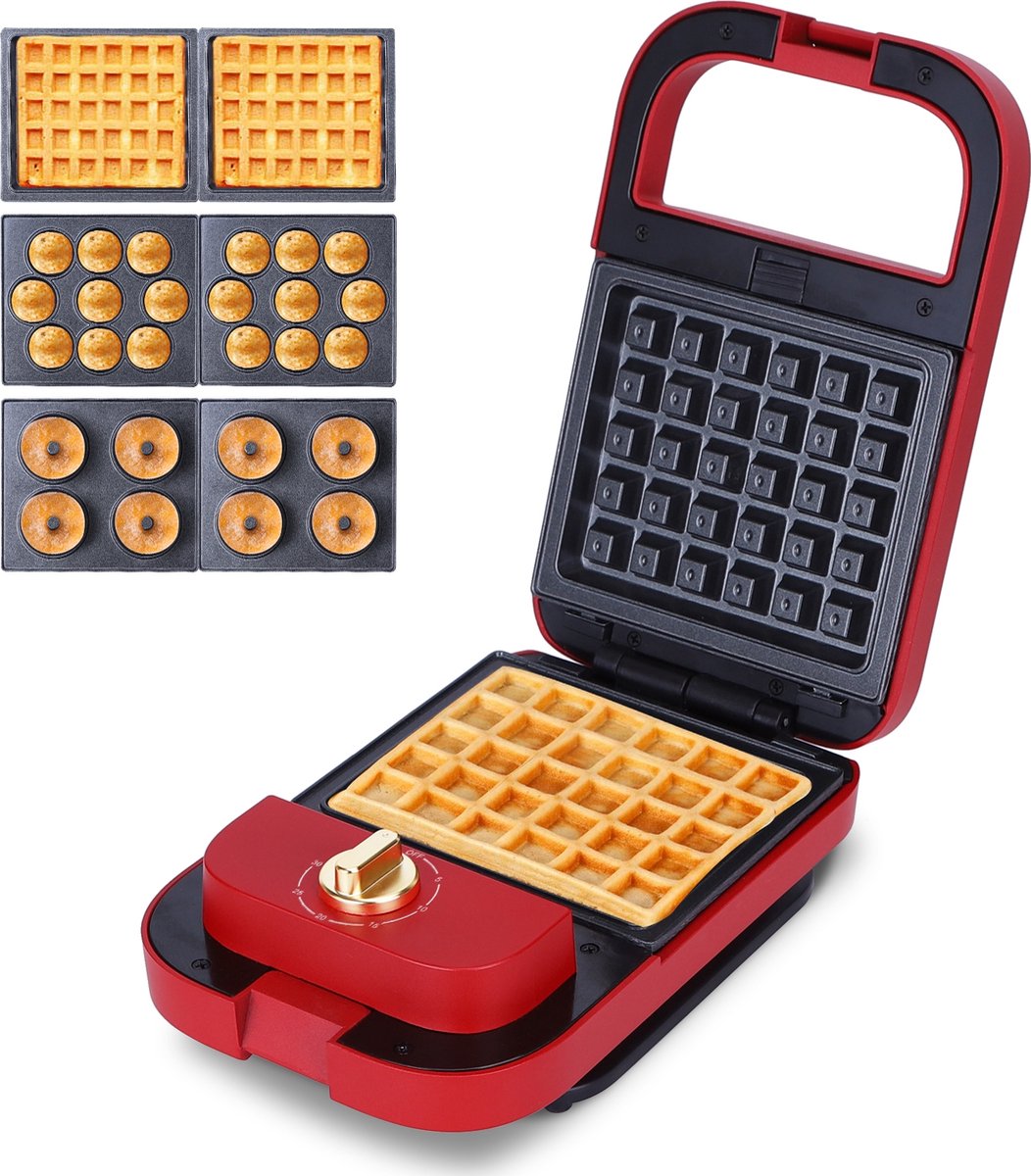 Máquina vermelha para waffles com diferentes placas de cozimento
