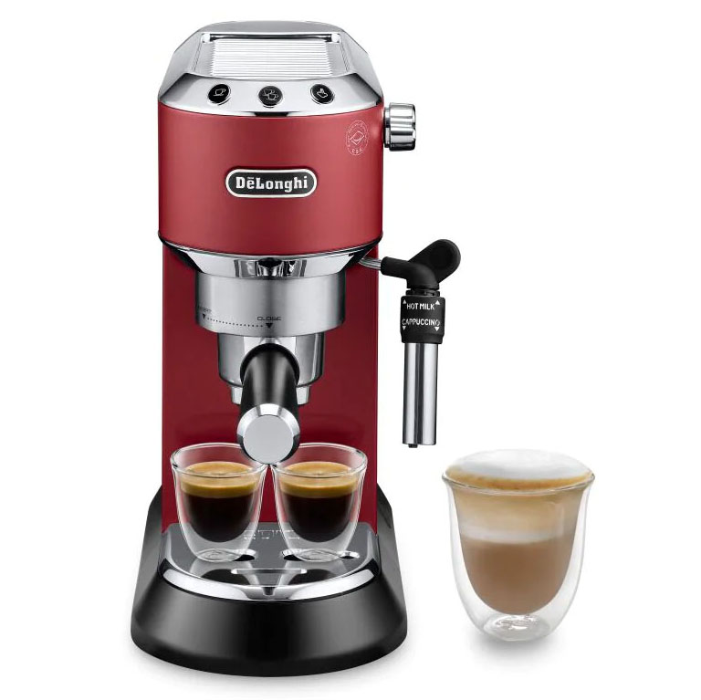 Máquina de café expresso DeLonghi vermelha com chávenas de café e cappuccino