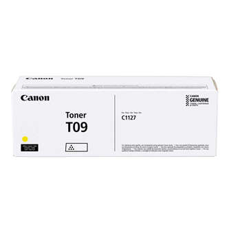 Caixa branca de toner Canon Genuine T09 para impressora com texto em preto e símbolo amarelo