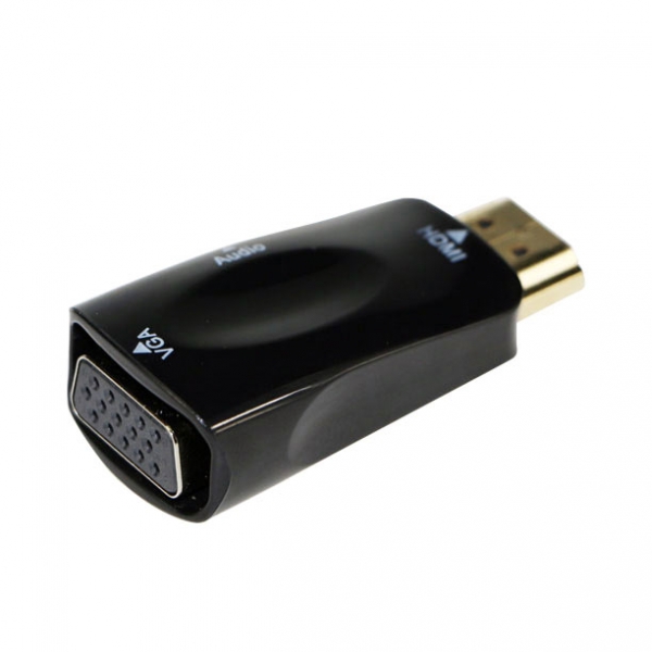 Adaptador HDMI para VGA preto com conector HDMI dourado