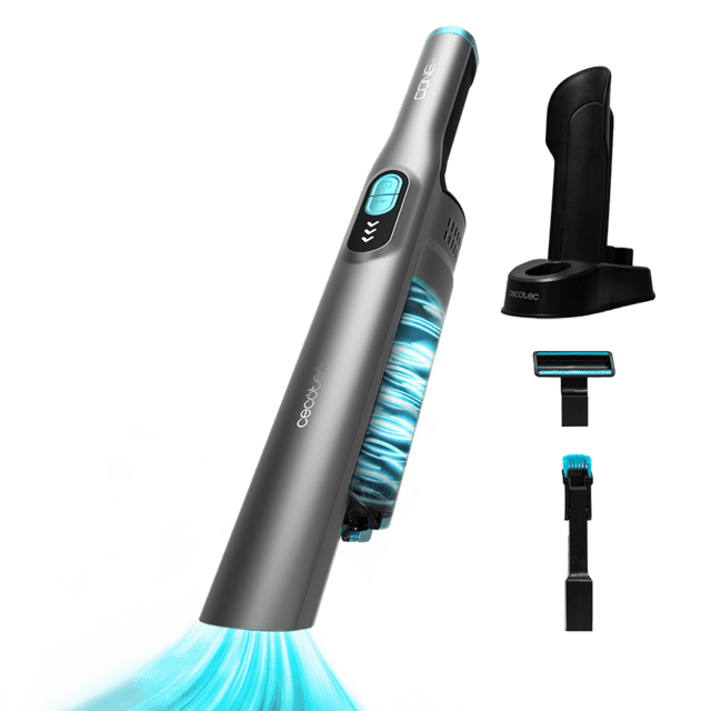 aspirador portátil cinza com acessórios e suporte preto