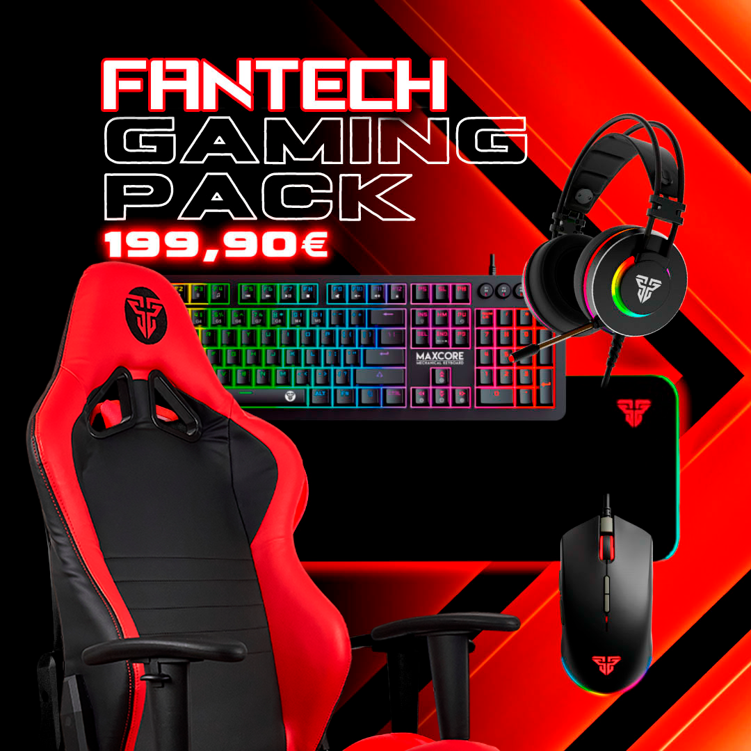 Cadeira gaming vermelha e preta, teclado mecânico MAXCORE RGB, headset Fantech RGB, rato gaming preto RGB, tapete preto com borda RGB e logo Fantech