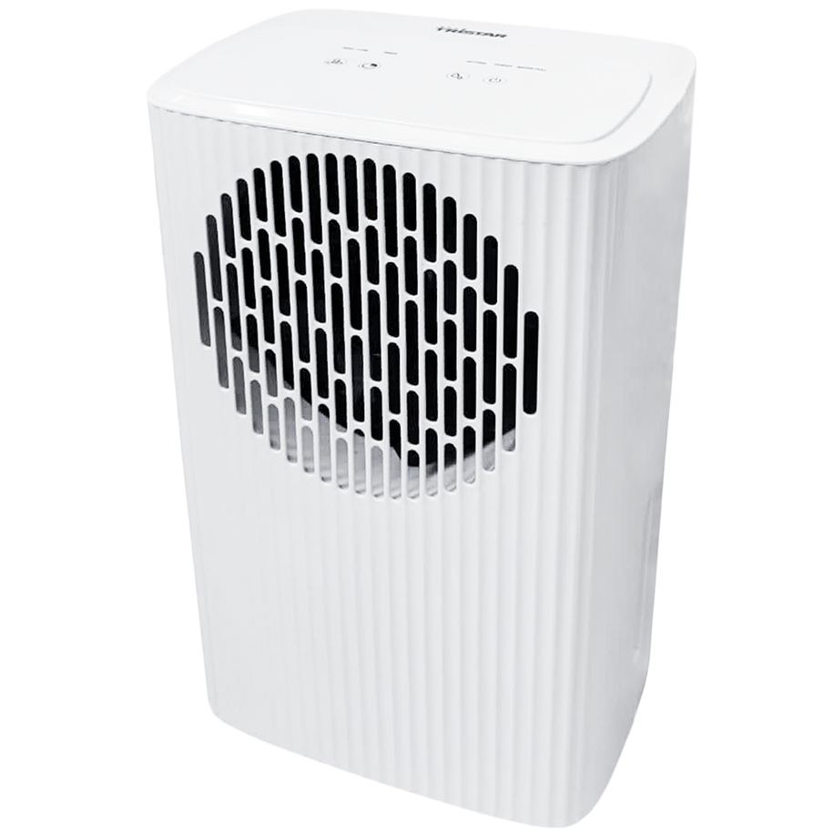 Aparelho eletrónico branco com grelha circular preta frontal e painel superior com botões.