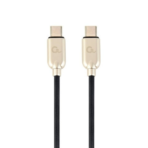Cabo USB tipo C dourado com cabo preto e símbolo a nos conectores