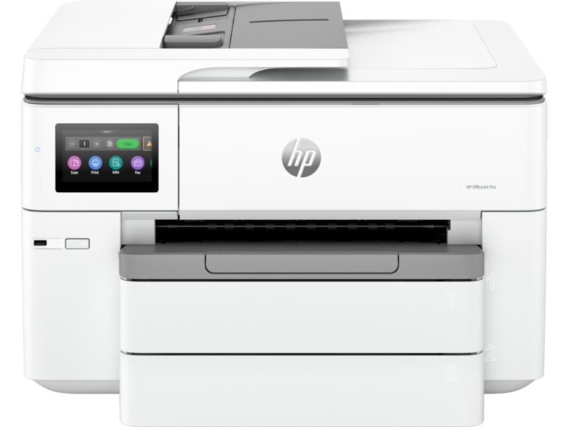 Impressora HP OfficeJet Pro branca com visor digital e bandejas numeradas
