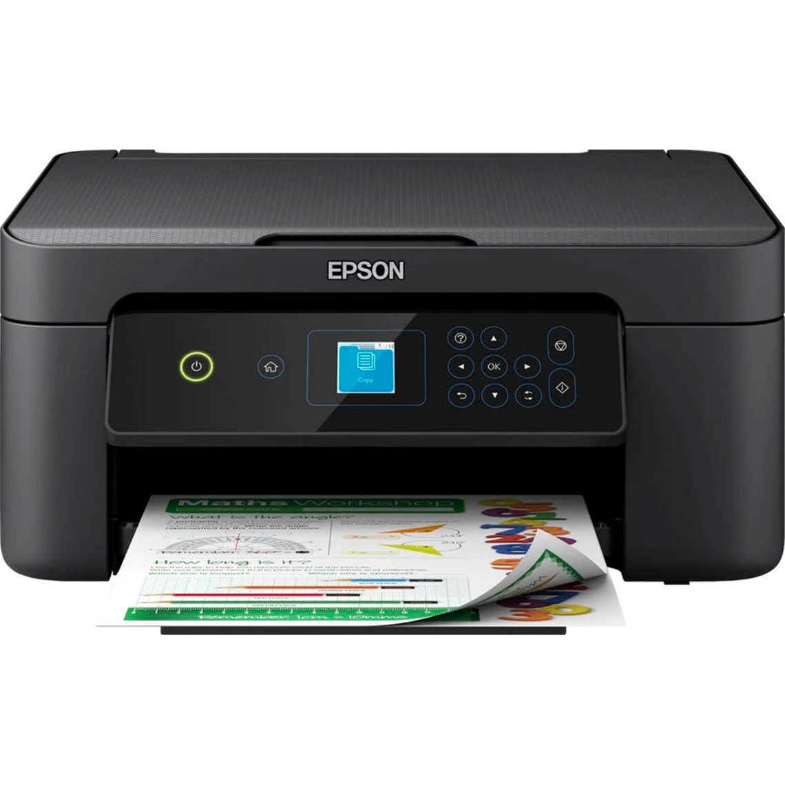 Impressora Epson preta com ecrã digital e impressão colorida