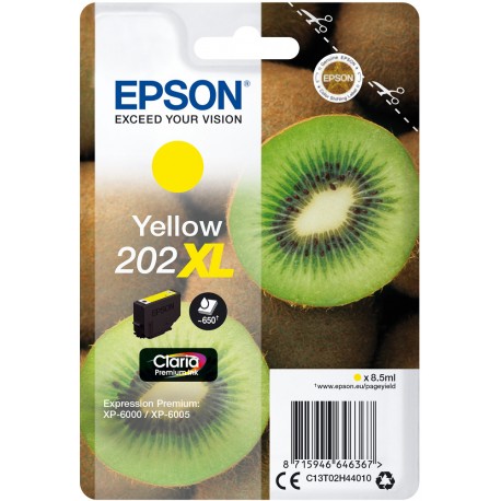 Embalagem de tinta Epson Yellow 202XL com imagem de kiwi e texto informativo