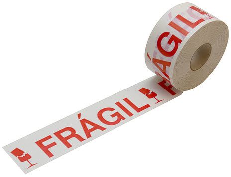 Fita adesiva branca com texto vermelho FRÁGIL e ícones de copo partido