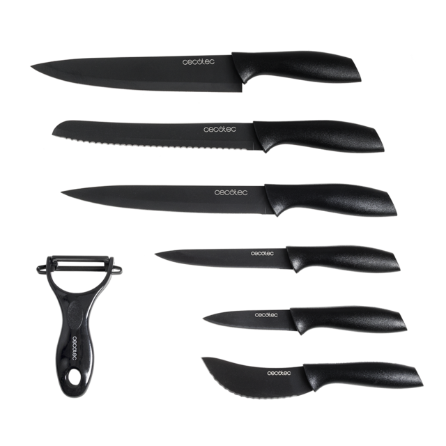 Conjunto de seis facas e um descascador com lâminas e cabos pretos e logótipo cecotec