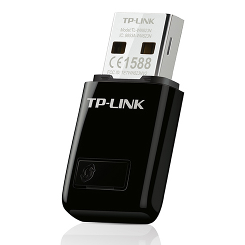 Adaptador USB TP-LINK preto com texto visível, em fundo branco