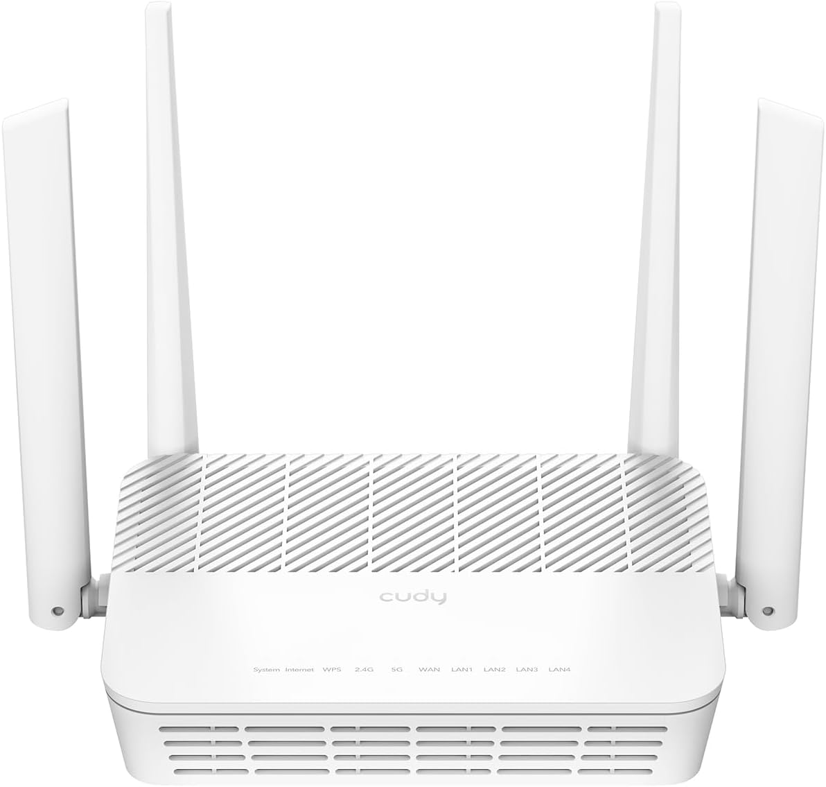Roteador branco com quatro antenas e indicadores na parte frontal