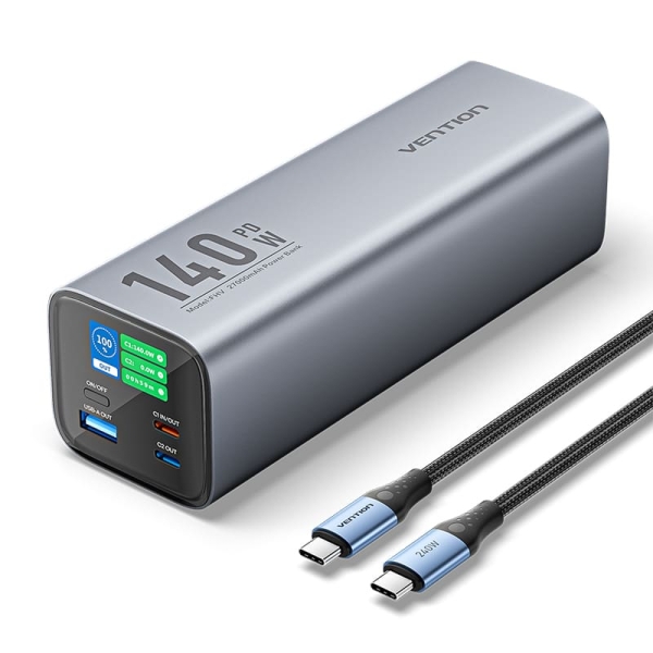 Power bank prateado Vention 140W com cabo USB-C e portas USB-A e USB-C
