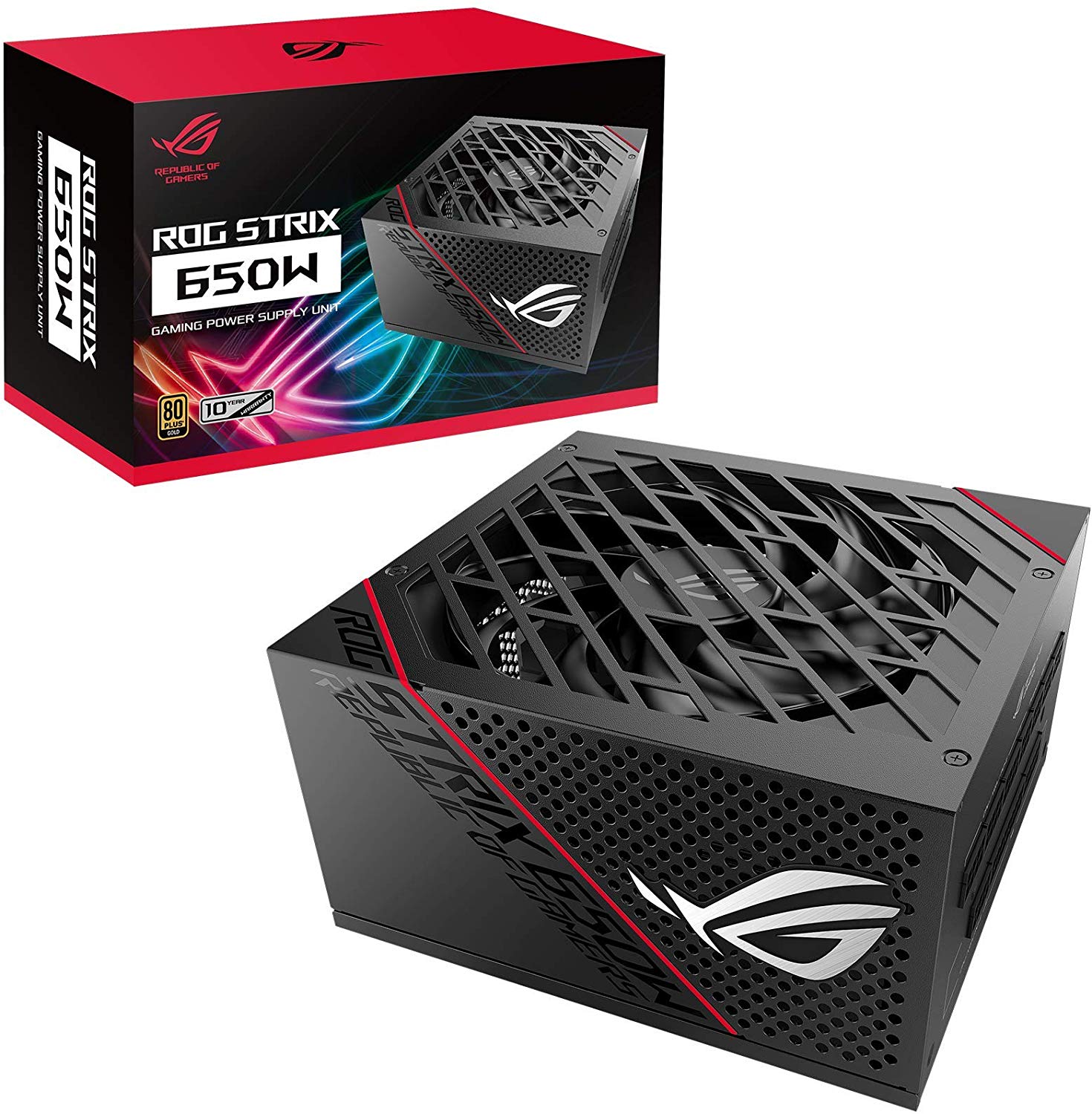 Fonte de alimentação ROG STRIX 650W preta com detalhes vermelhos e embalagem colorida
