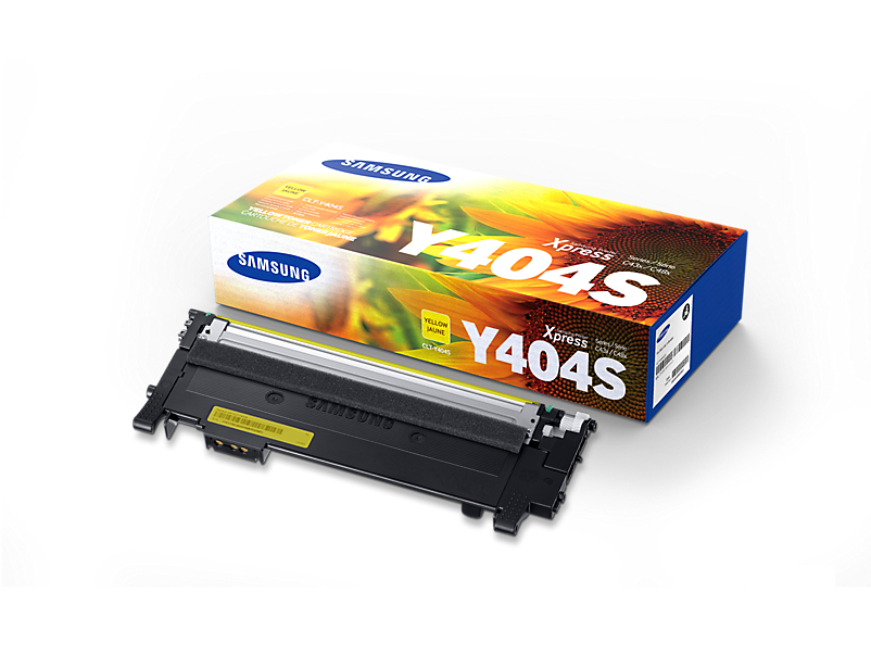 Cartucho de toner Samsung amarelo modelo Y404S com caixa colorida de girassol
