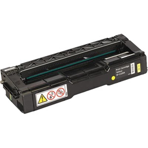 Cartucho de toner preto para impressora com etiqueta e avisos de segurança
