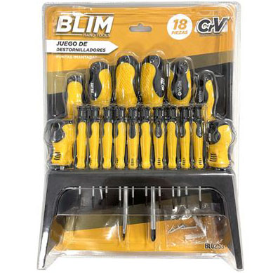 Conjunto de 18 chaves de fendas BLIM com punhos amarelos e pretos em embalagem.