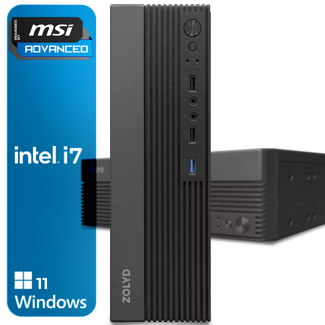 Computador compacto ZOLYD preto com selo MSI e Intel i7, Windows 11