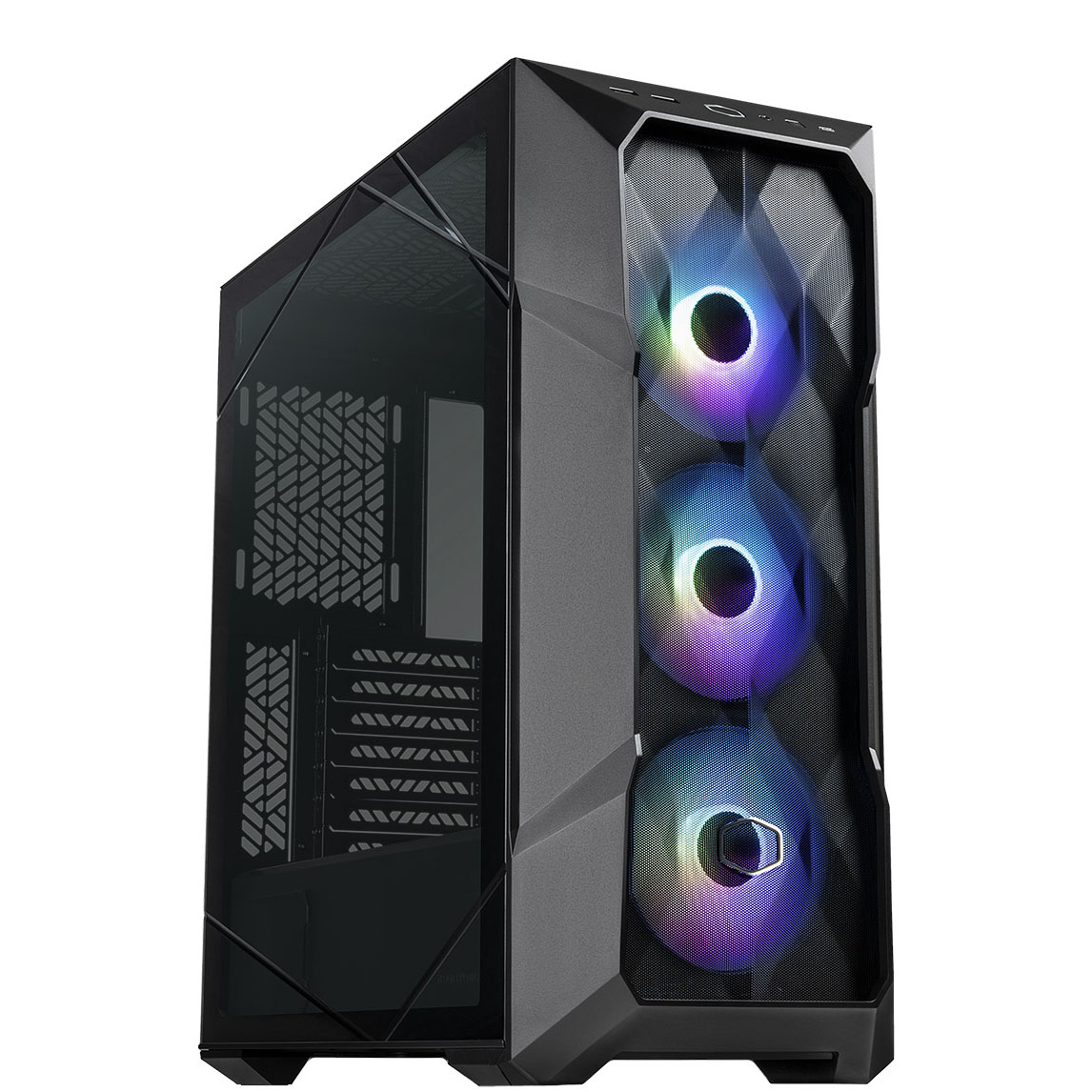 Caixa de computador preta com painel lateral em vidro e ventoinhas RGB frontais