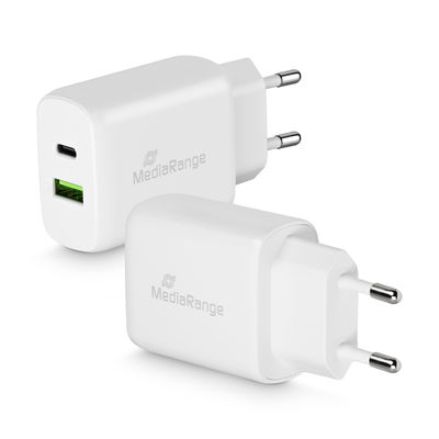 Carregador de parede branco MediaRange com tomadas USB-C e USB-A