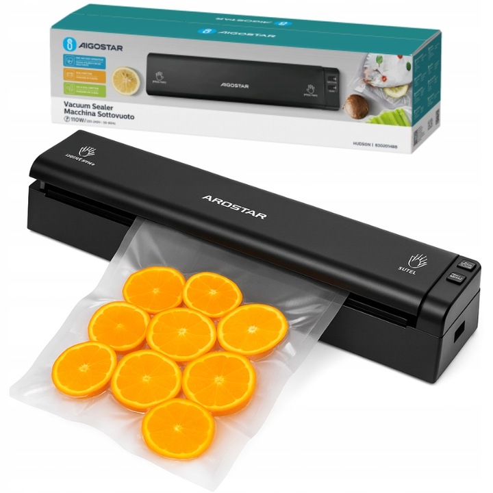 Máquina preta de selar a vácuo Aigostar com embalagem transparente de fatias de laranja e embalagem do produto ao fundo