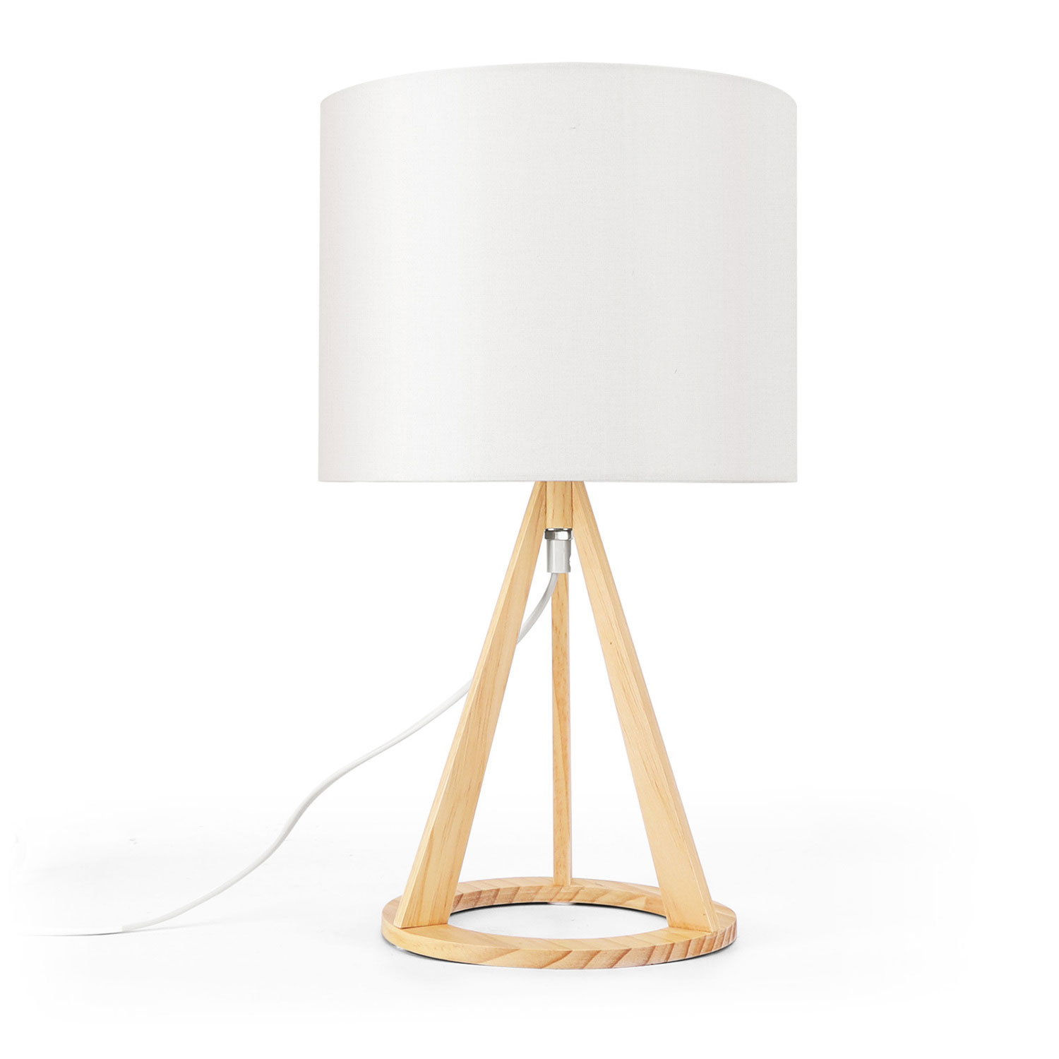 Abajur de mesa com base em madeira clara e cúpula branca