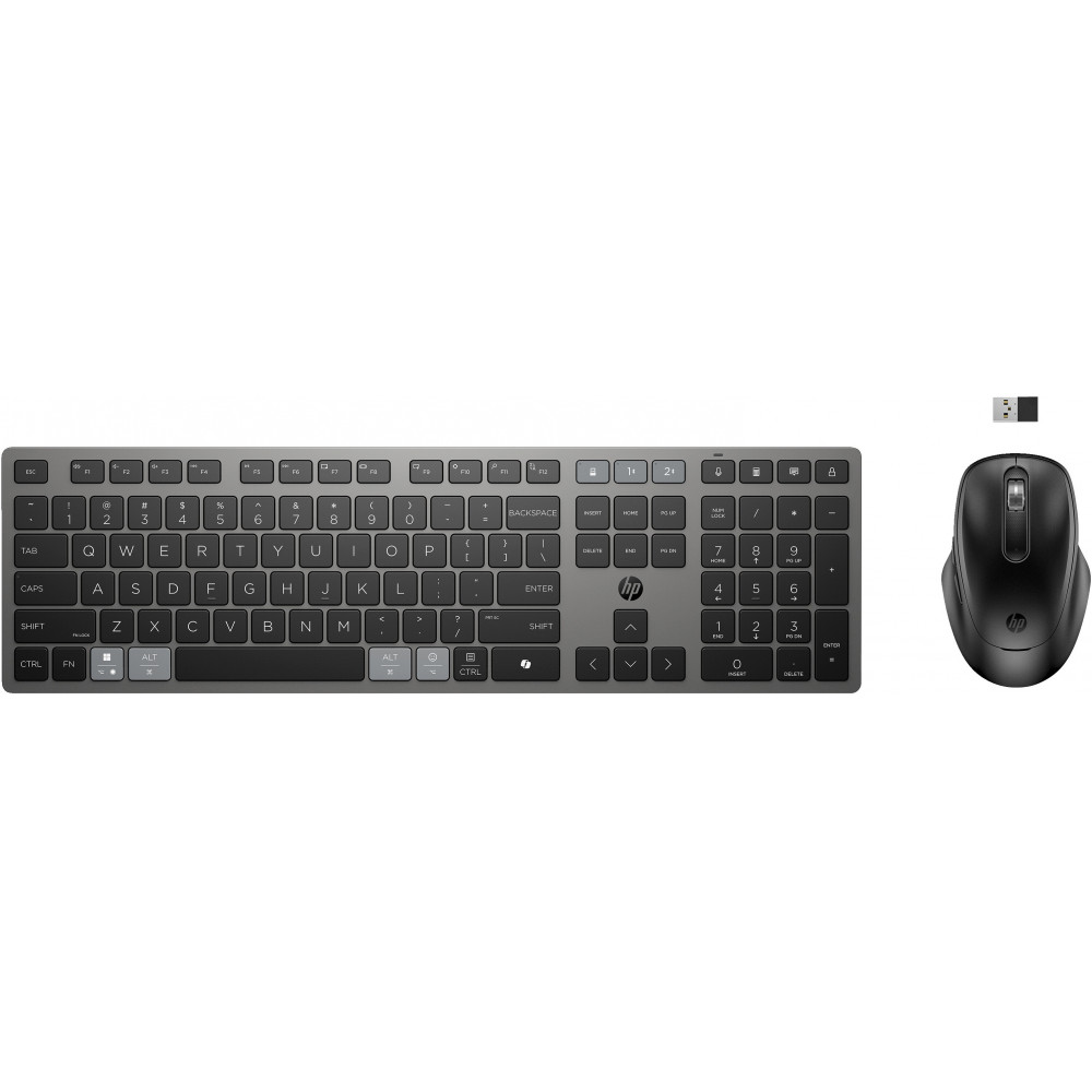 Teclado e rato sem fios HP preto e cinza com adaptador USB.