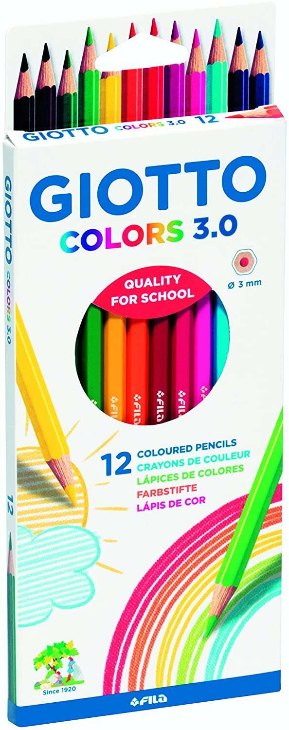 Estojo de lápis de cor GIOTTO COLORS 3.0 com 12 lápis coloridos em embalagem branca com arco-íris