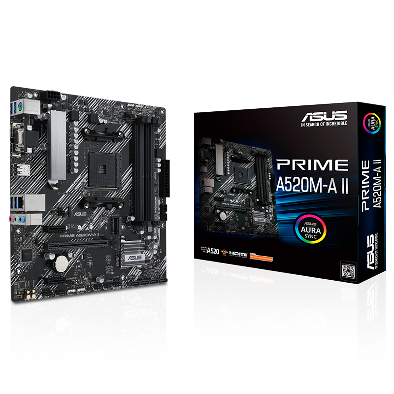 Placa mãe ASUS PRIME A520M-A II com caixa ao lado