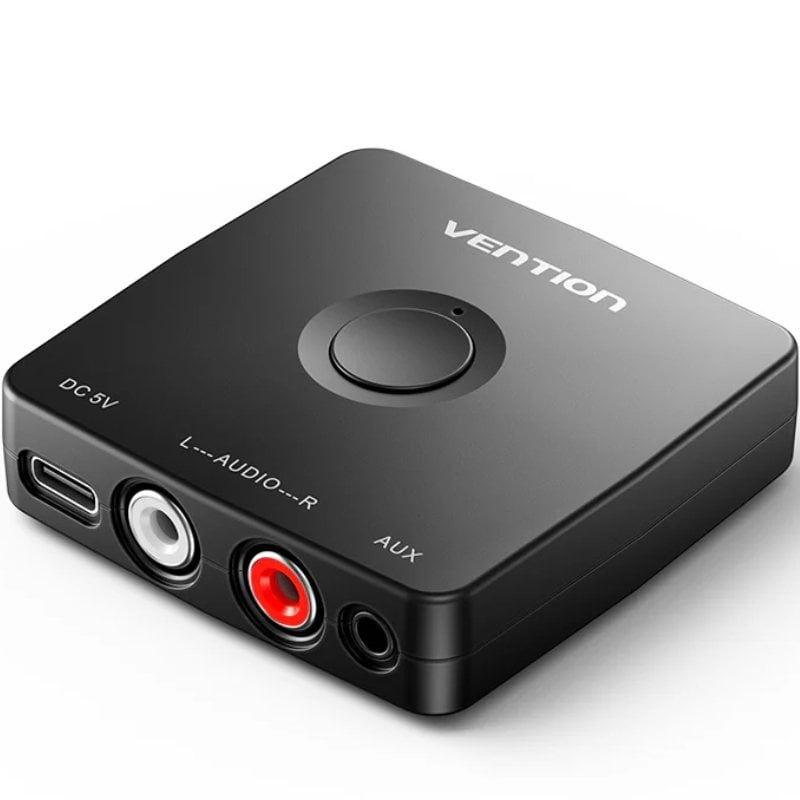 Dispositivo eletrônico preto VENTION com botões e conectores áudio coloridos