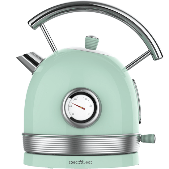 Chaleira elétrica verde água com termómetro e base em metal cromado