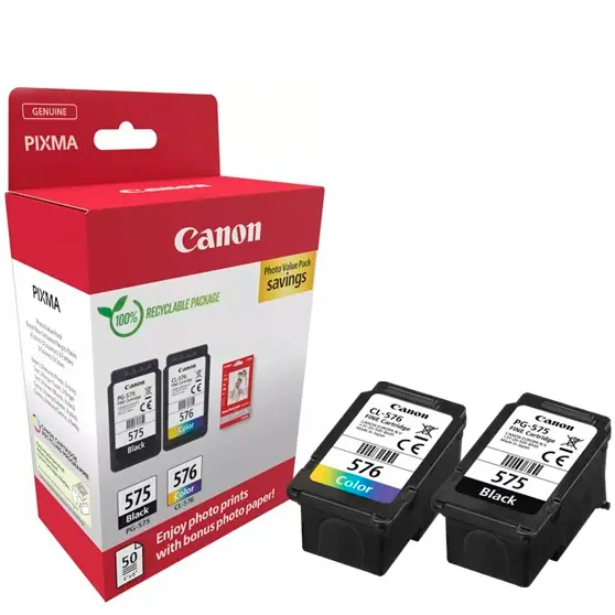 Conjunto de tinteiros Canon PIXMA preto e colorido com embalagem vermelha e branca