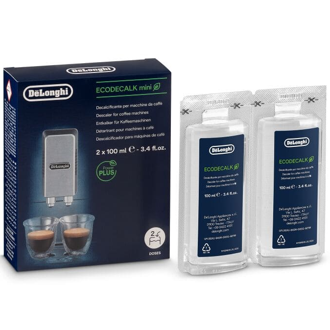 Pack de duas unidades de decalcificante para máquinas de café DeLonghi em embalagem azul escura